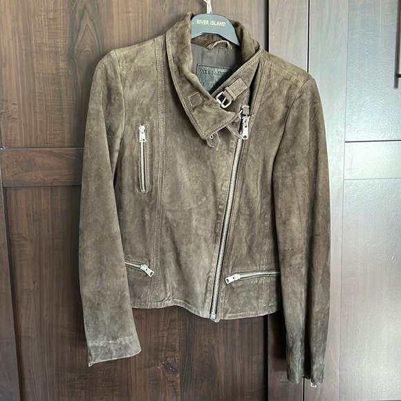 AllSaints Bales Olive Suede Biker jacket 6 - Picture 1 of 7
